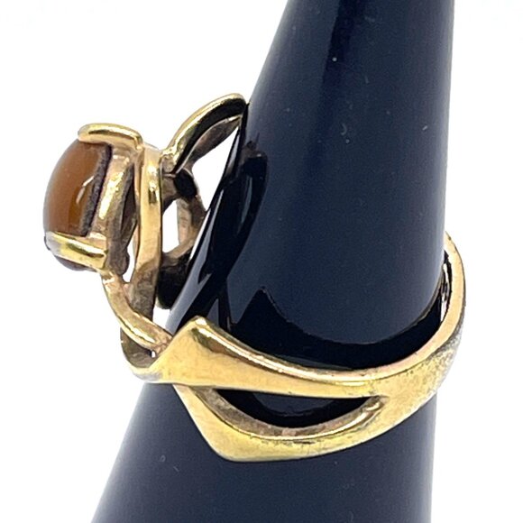 Tiger Eye VTG Art Nouveau 18KT HGE Gold Plate Ring Abstract MCM Retro Size 6.25 - Picture 3 of 11